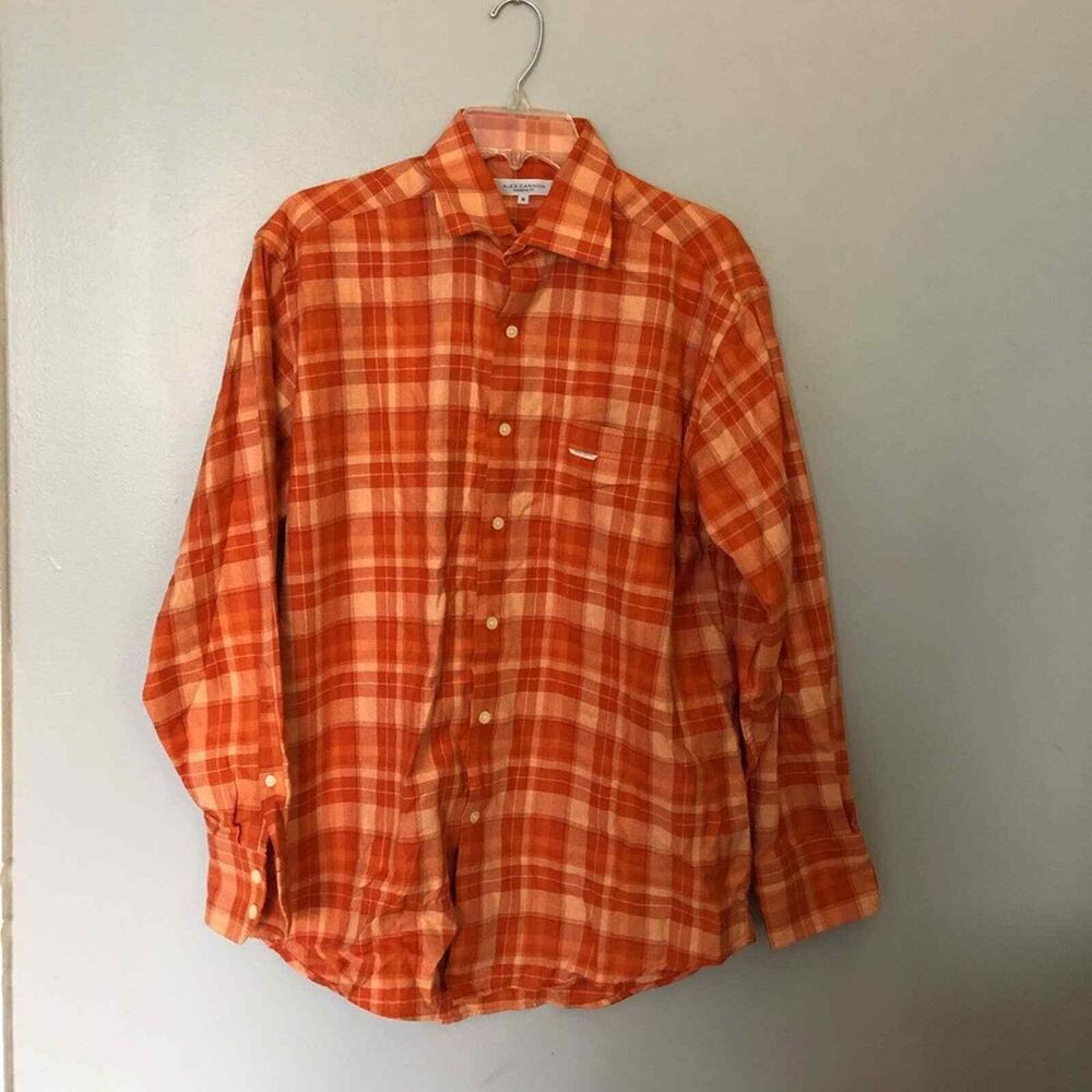 Alex Cannon men's orange plaid button down casual  Long sleeved shirt M